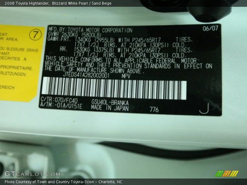 Blizzard White Pearl / Sand Beige 2008 Toyota Highlander