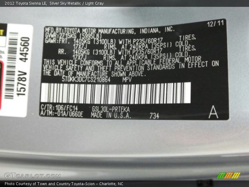Silver Sky Metallic / Light Gray 2012 Toyota Sienna LE