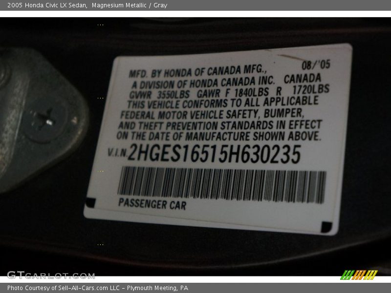 Magnesium Metallic / Gray 2005 Honda Civic LX Sedan