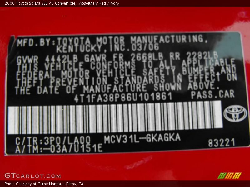 Absolutely Red / Ivory 2006 Toyota Solara SLE V6 Convertible