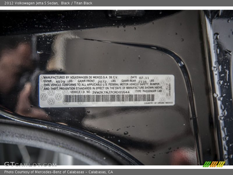 Black / Titan Black 2012 Volkswagen Jetta S Sedan