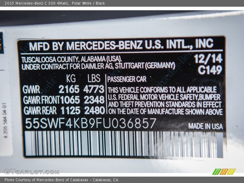 Polar White / Black 2015 Mercedes-Benz C 300 4Matic