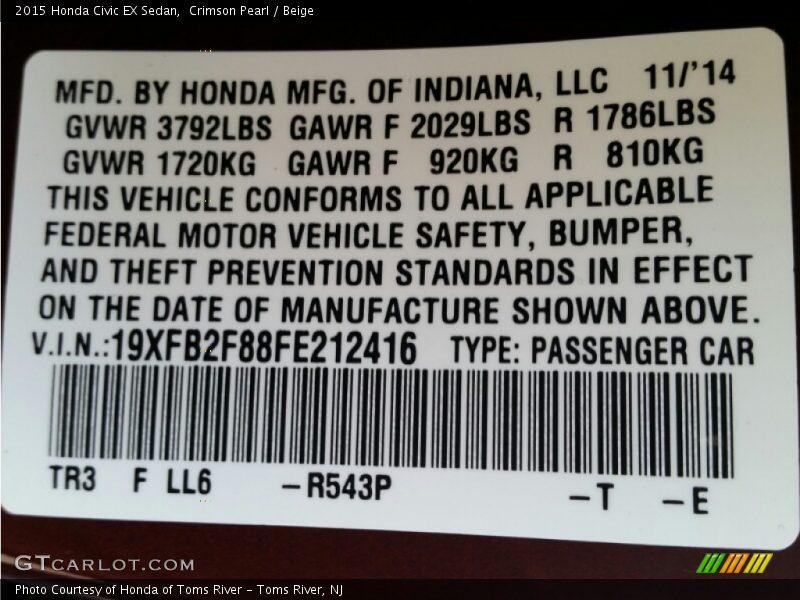 Crimson Pearl / Beige 2015 Honda Civic EX Sedan
