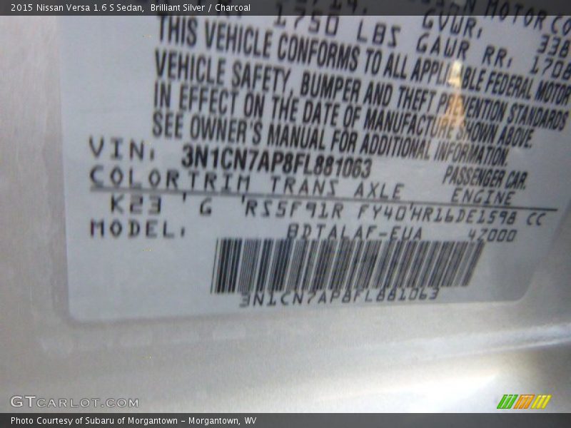 Brilliant Silver / Charcoal 2015 Nissan Versa 1.6 S Sedan