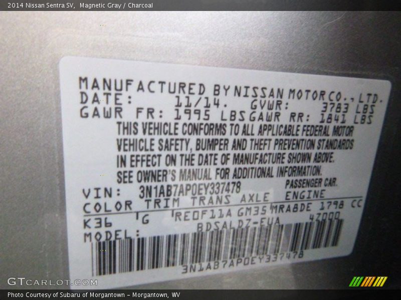 Magnetic Gray / Charcoal 2014 Nissan Sentra SV