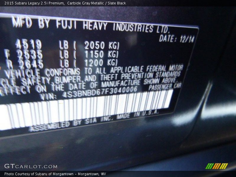 Carbide Gray Metallic / Slate Black 2015 Subaru Legacy 2.5i Premium