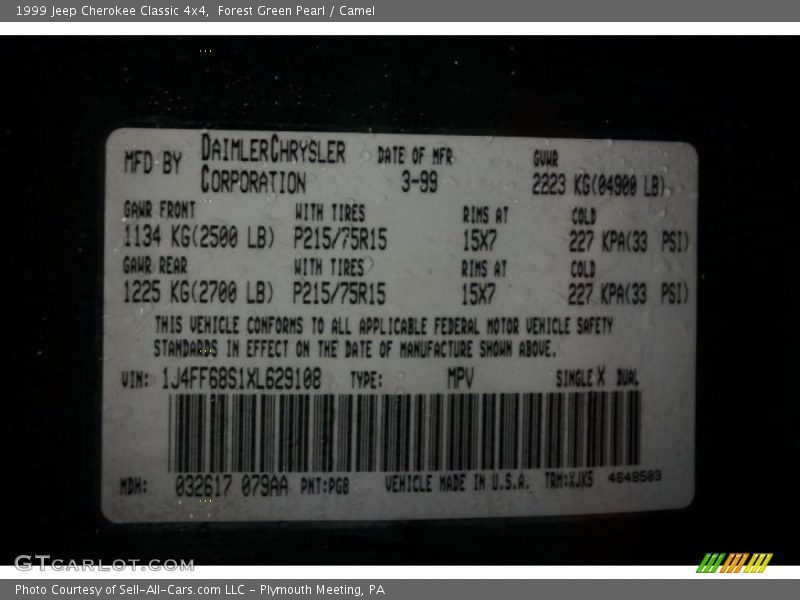 1999 Cherokee Classic 4x4 Forest Green Pearl Color Code PG8