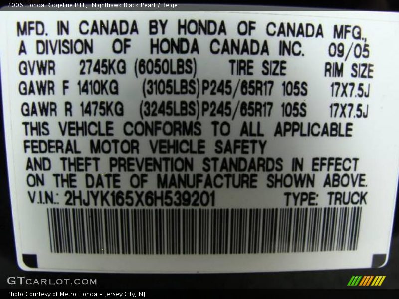 Nighthawk Black Pearl / Beige 2006 Honda Ridgeline RTL