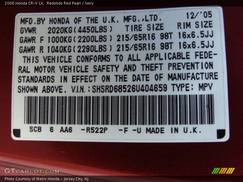 Redondo Red Pearl / Ivory 2006 Honda CR-V LX