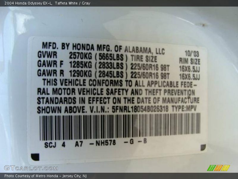 Taffeta White / Gray 2004 Honda Odyssey EX-L