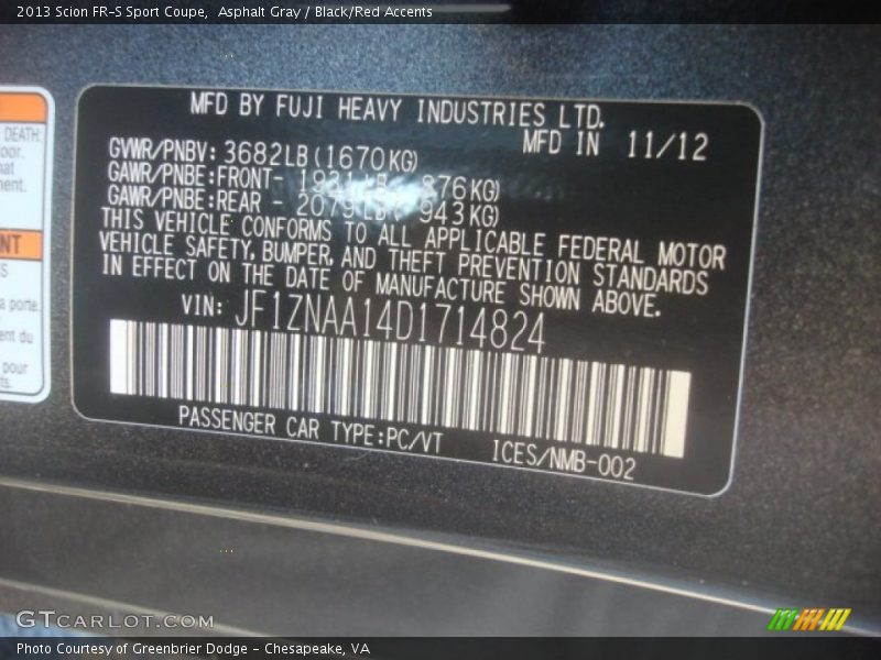 Asphalt Gray / Black/Red Accents 2013 Scion FR-S Sport Coupe