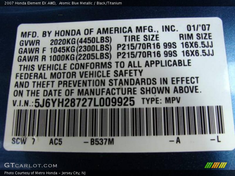 Atomic Blue Metallic / Black/Titanium 2007 Honda Element EX AWD
