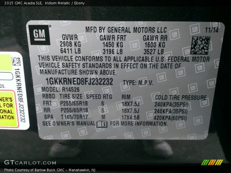 Iridium Metallic / Ebony 2015 GMC Acadia SLE