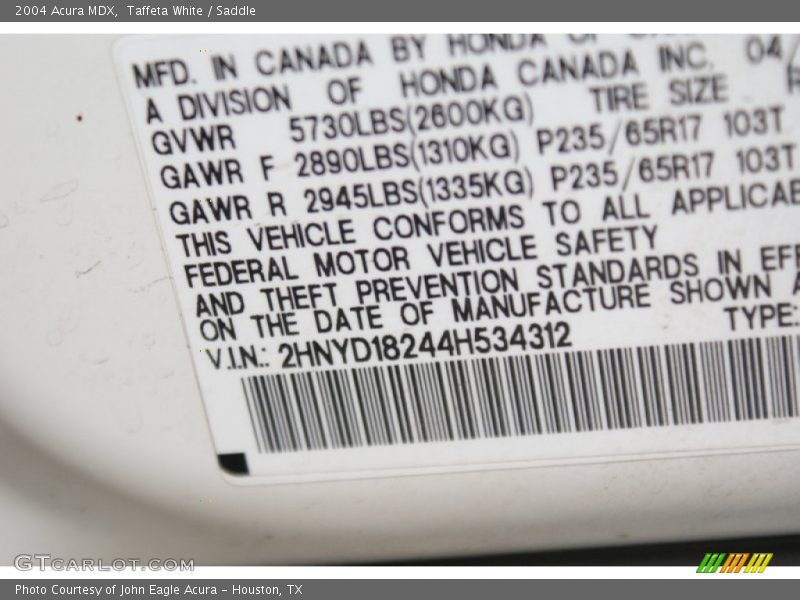 Taffeta White / Saddle 2004 Acura MDX
