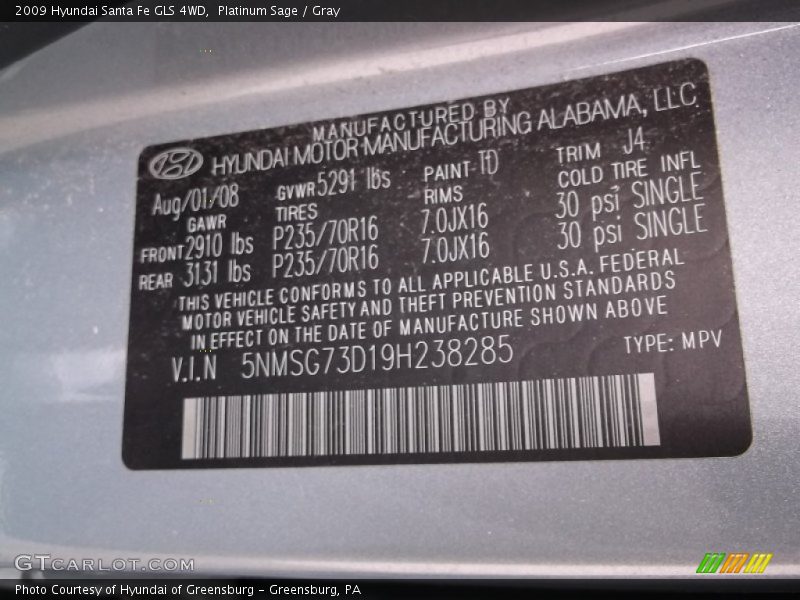 Platinum Sage / Gray 2009 Hyundai Santa Fe GLS 4WD