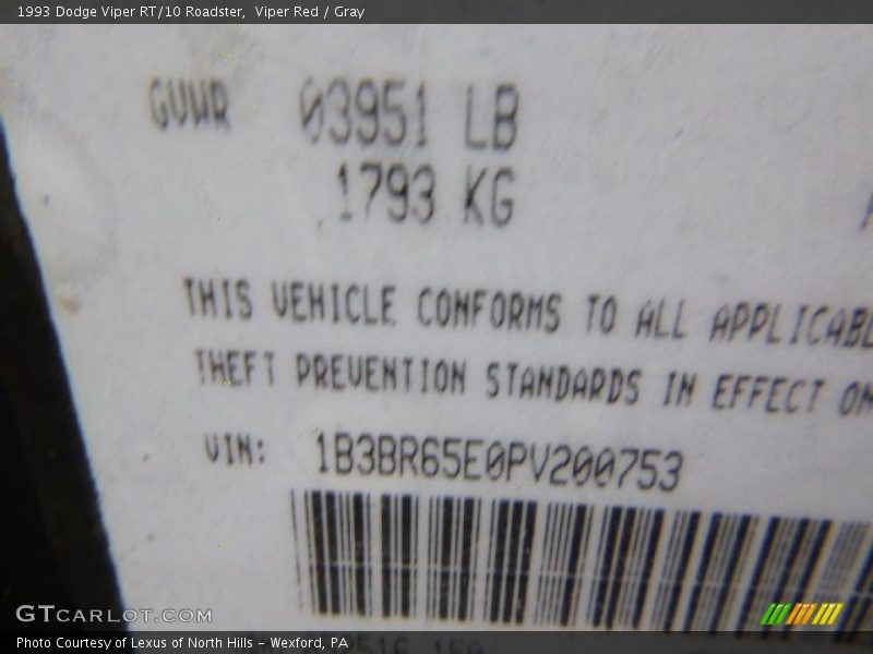 Info Tag of 1993 Viper RT/10 Roadster