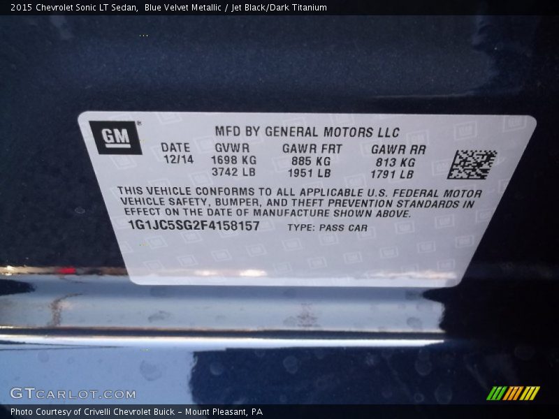 Blue Velvet Metallic / Jet Black/Dark Titanium 2015 Chevrolet Sonic LT Sedan