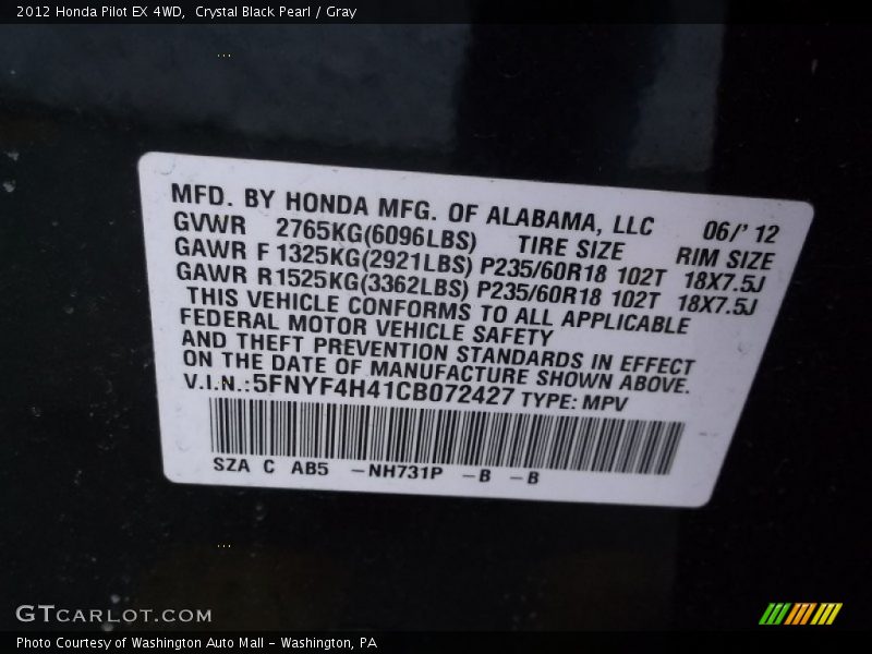 Crystal Black Pearl / Gray 2012 Honda Pilot EX 4WD