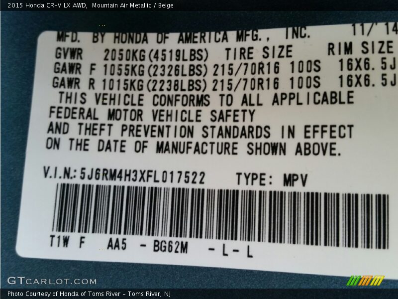 Mountain Air Metallic / Beige 2015 Honda CR-V LX AWD