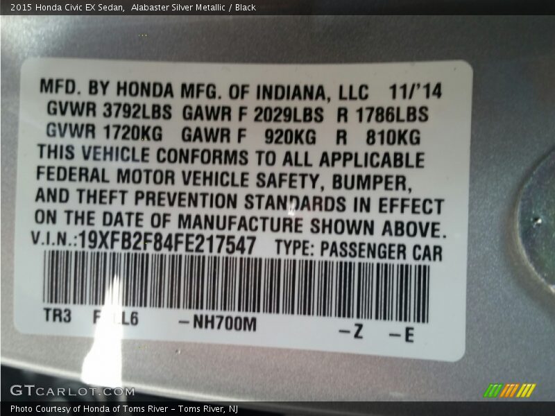 Alabaster Silver Metallic / Black 2015 Honda Civic EX Sedan