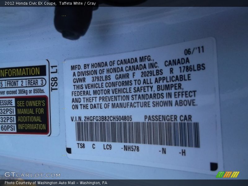 Taffeta White / Gray 2012 Honda Civic EX Coupe