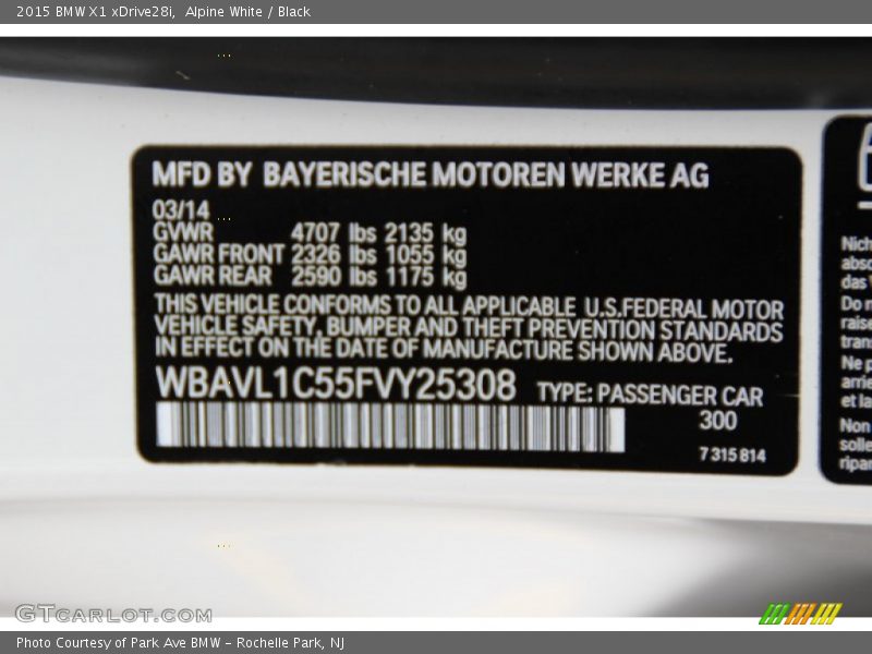 2015 X1 xDrive28i Alpine White Color Code 300