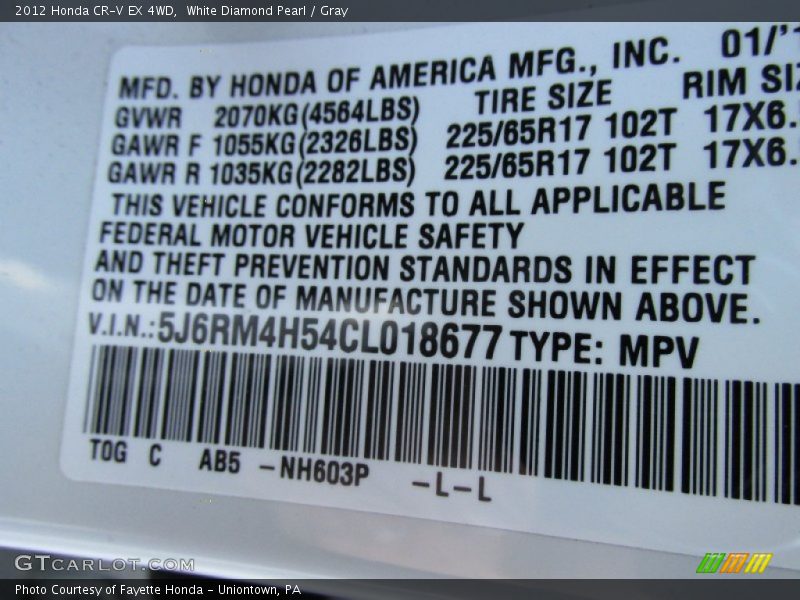 White Diamond Pearl / Gray 2012 Honda CR-V EX 4WD