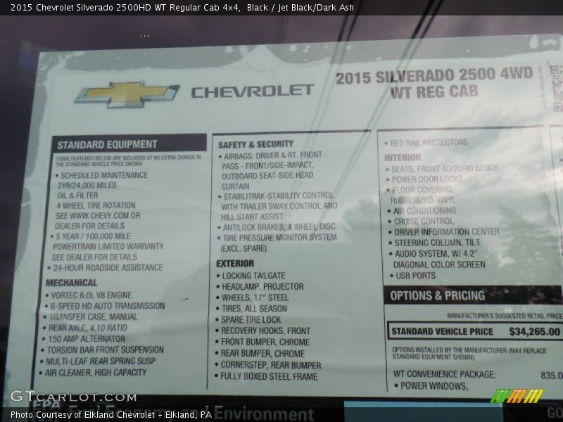 Black / Jet Black/Dark Ash 2015 Chevrolet Silverado 2500HD WT Regular Cab 4x4