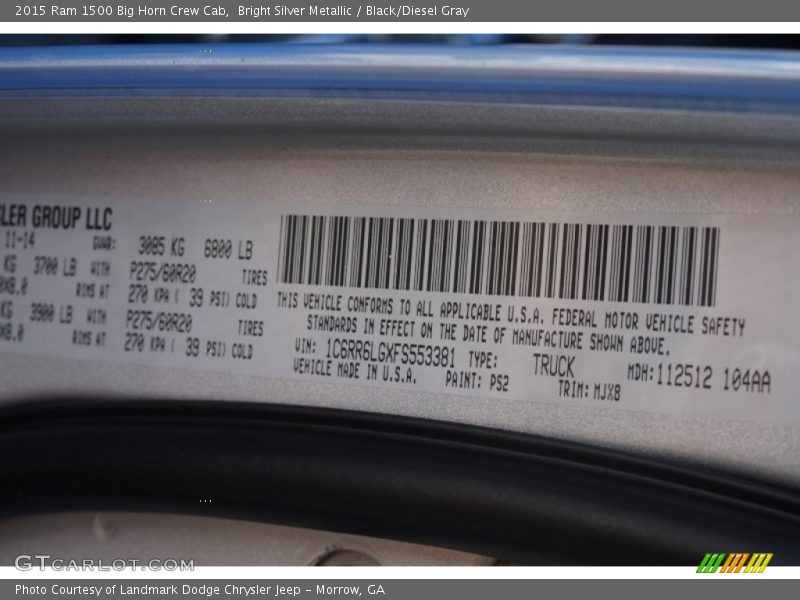 2015 1500 Big Horn Crew Cab Bright Silver Metallic Color Code PS2