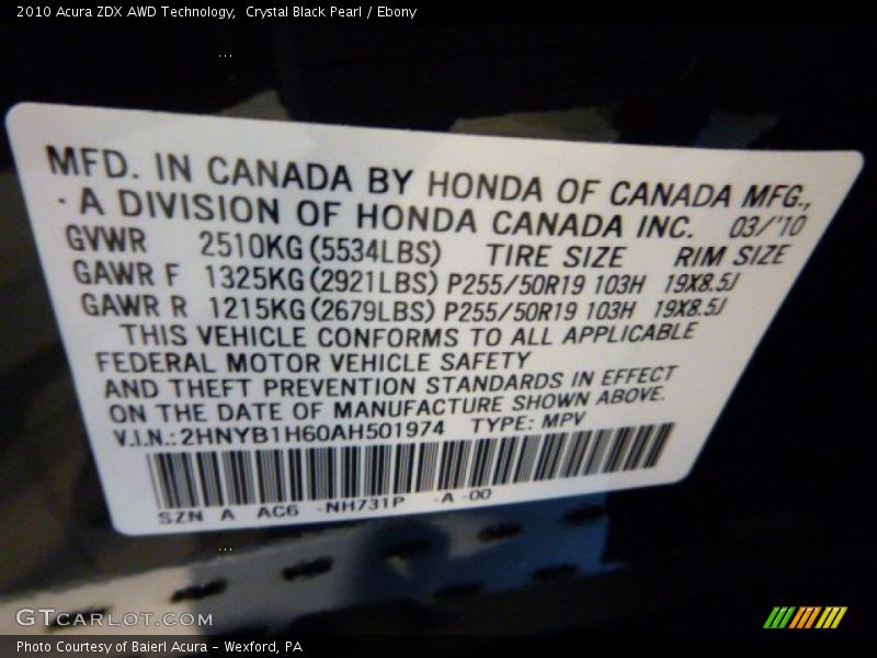 Crystal Black Pearl / Ebony 2010 Acura ZDX AWD Technology