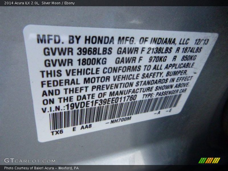 Silver Moon / Ebony 2014 Acura ILX 2.0L
