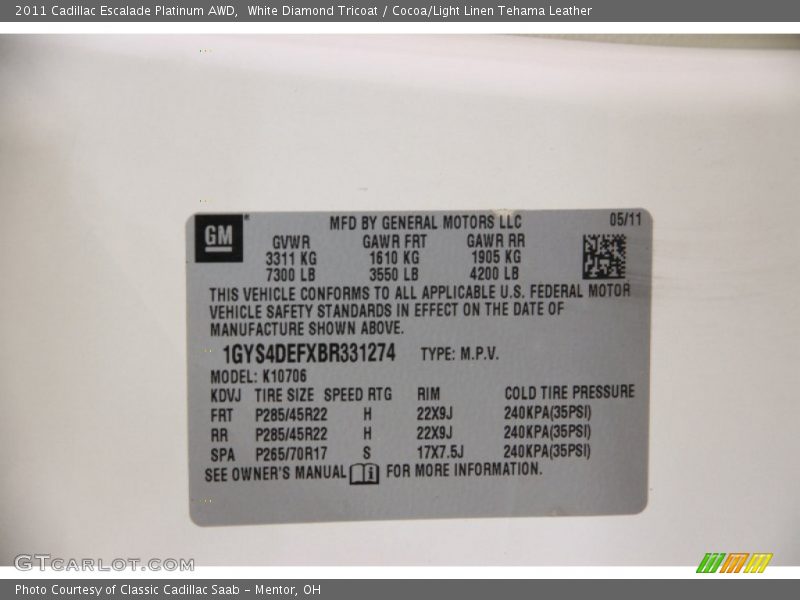 White Diamond Tricoat / Cocoa/Light Linen Tehama Leather 2011 Cadillac Escalade Platinum AWD