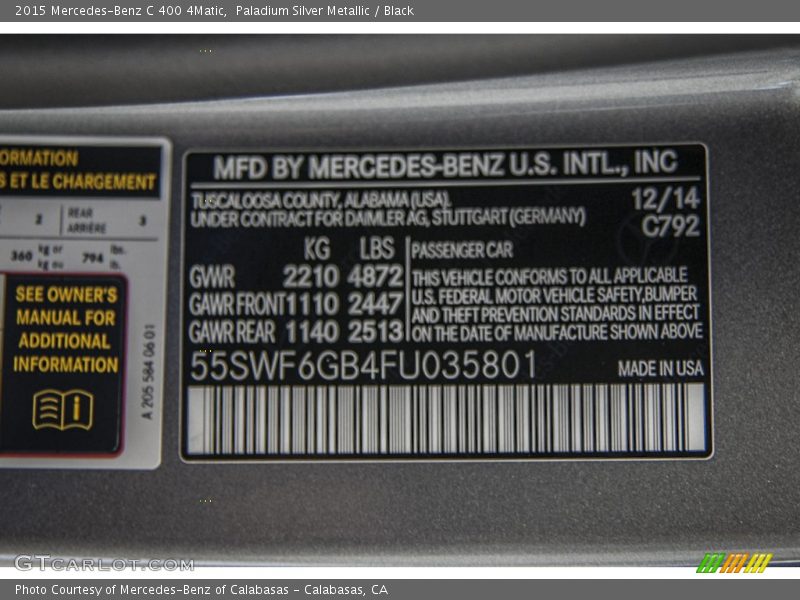 Paladium Silver Metallic / Black 2015 Mercedes-Benz C 400 4Matic