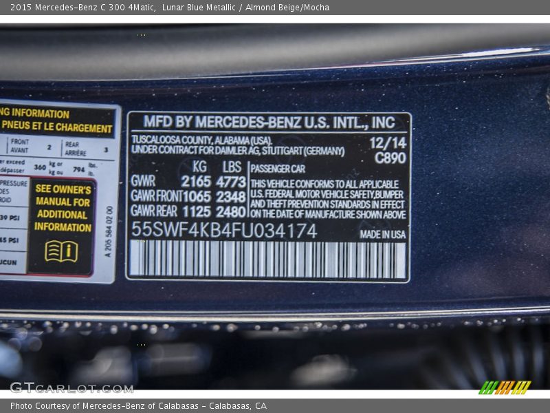 Lunar Blue Metallic / Almond Beige/Mocha 2015 Mercedes-Benz C 300 4Matic