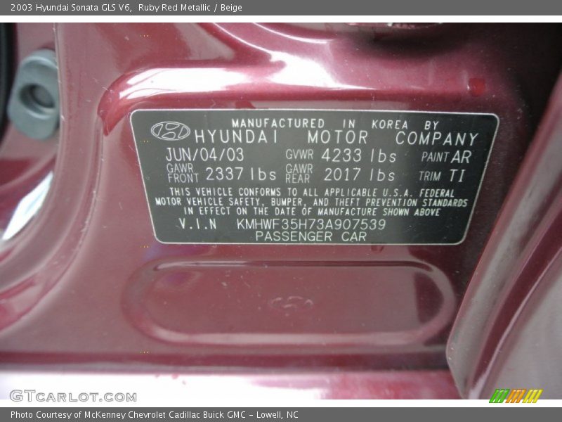 Ruby Red Metallic / Beige 2003 Hyundai Sonata GLS V6