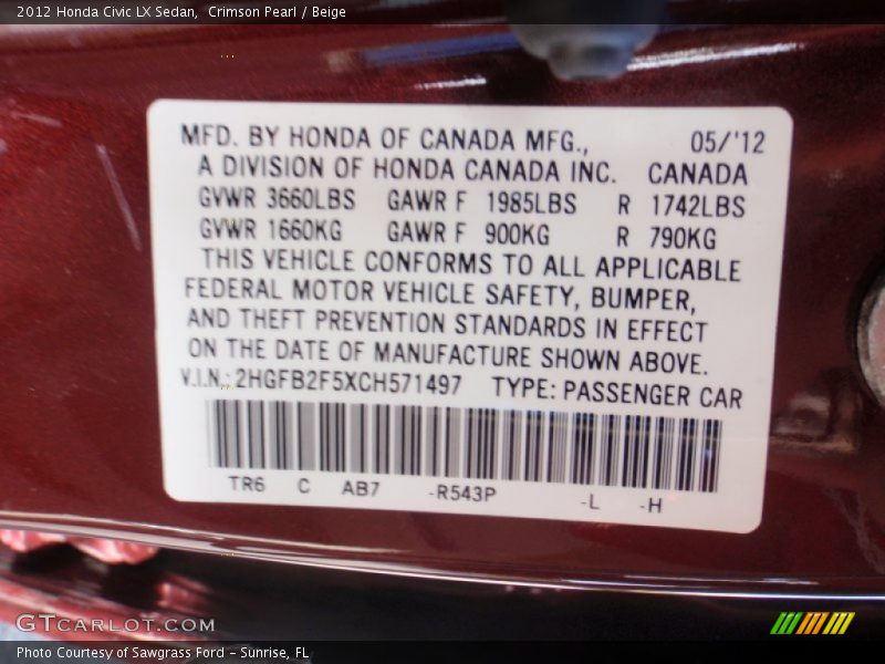 Crimson Pearl / Beige 2012 Honda Civic LX Sedan