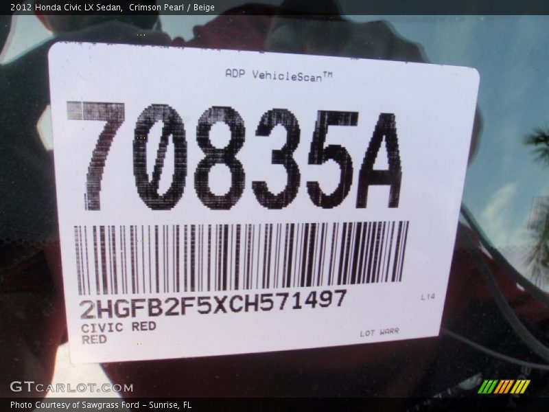 Crimson Pearl / Beige 2012 Honda Civic LX Sedan