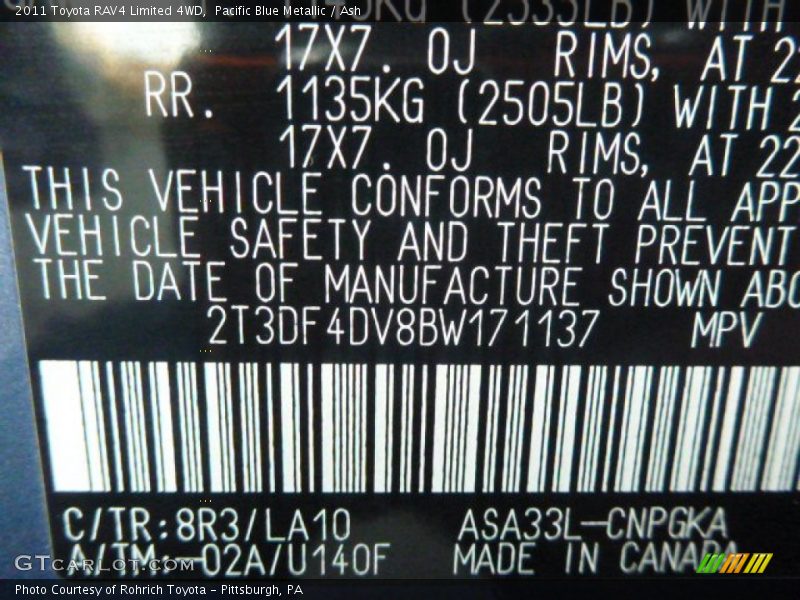 Pacific Blue Metallic / Ash 2011 Toyota RAV4 Limited 4WD