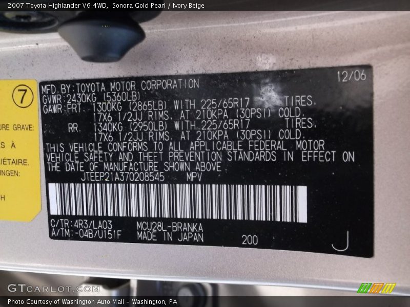 2007 Highlander V6 4WD Sonora Gold Pearl Color Code 4R3