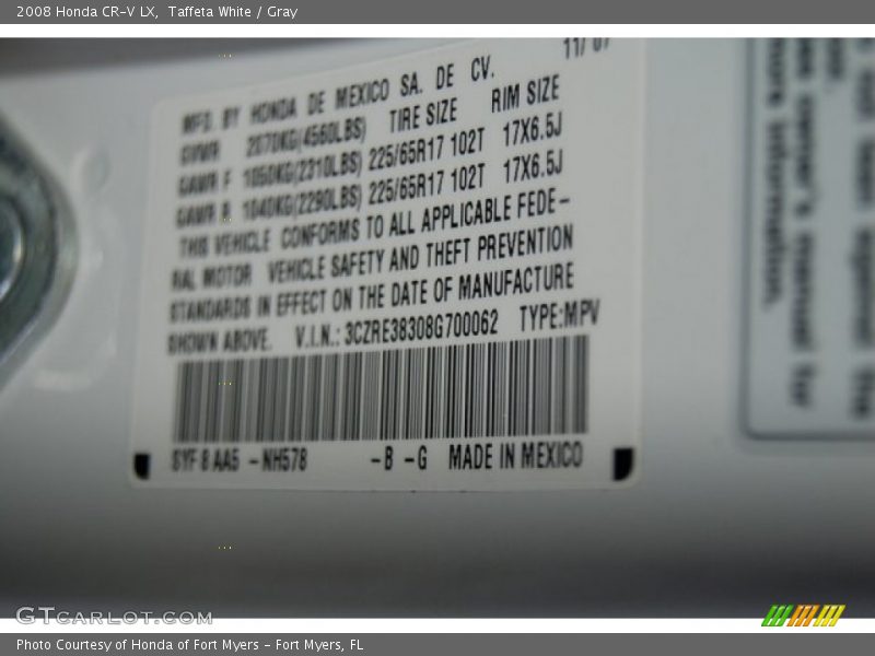 Taffeta White / Gray 2008 Honda CR-V LX