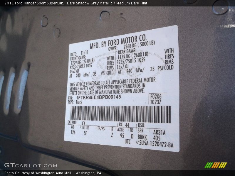 Dark Shadow Grey Metallic / Medium Dark Flint 2011 Ford Ranger Sport SuperCab