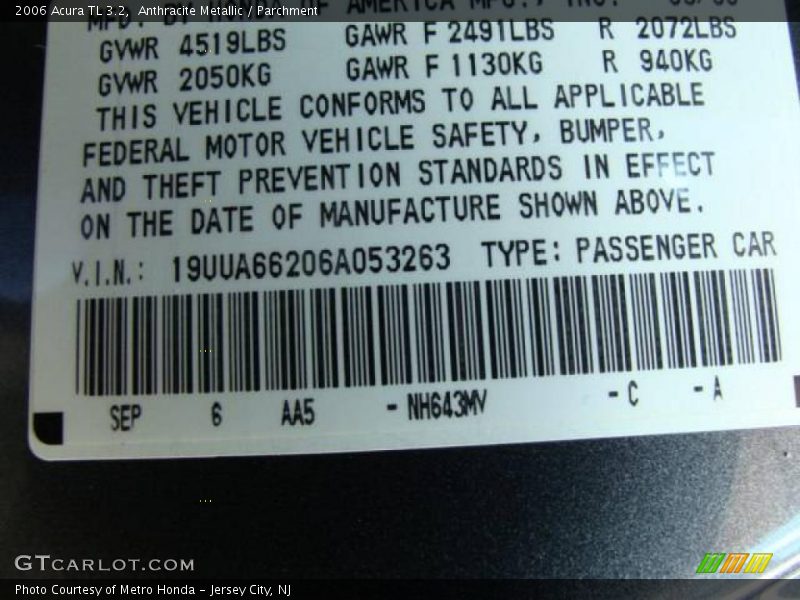 Anthracite Metallic / Parchment 2006 Acura TL 3.2