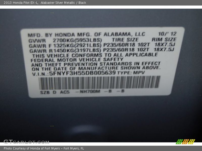 Alabaster Silver Metallic / Black 2013 Honda Pilot EX-L