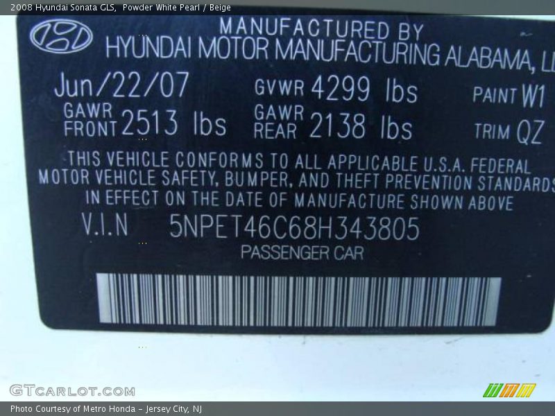 Powder White Pearl / Beige 2008 Hyundai Sonata GLS