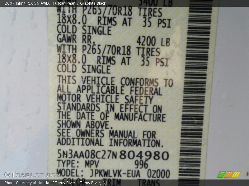 Tuscan Pearl / Graphite Black 2007 Infiniti QX 56 4WD