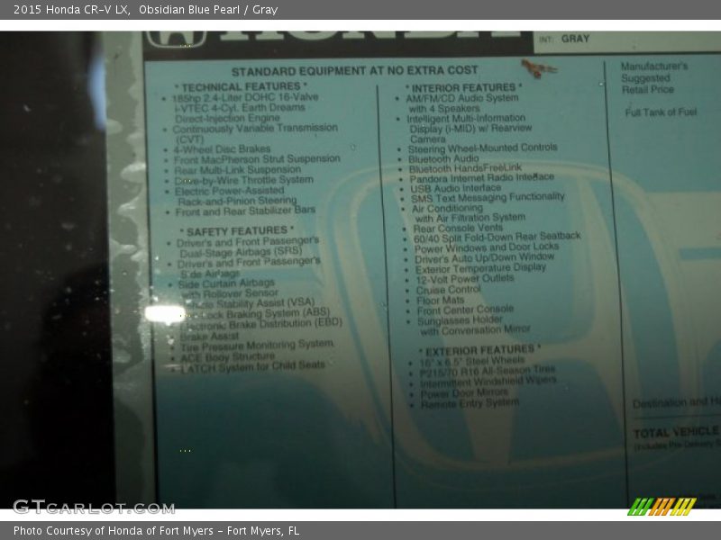Obsidian Blue Pearl / Gray 2015 Honda CR-V LX