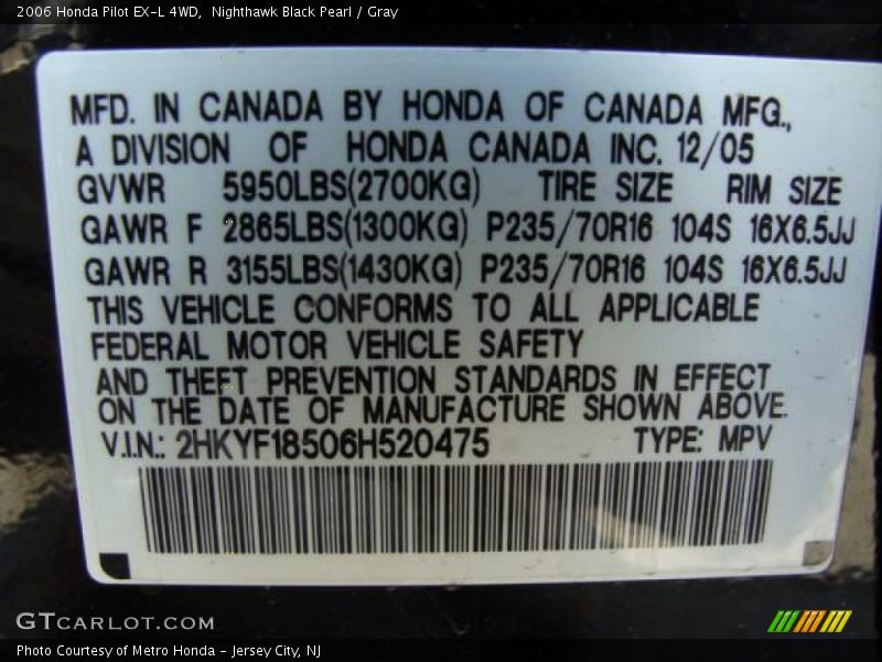 Nighthawk Black Pearl / Gray 2006 Honda Pilot EX-L 4WD
