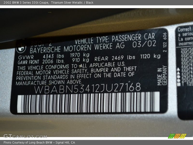 Titanium Silver Metallic / Black 2002 BMW 3 Series 330i Coupe