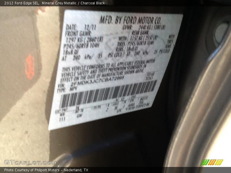 Mineral Grey Metallic / Charcoal Black 2012 Ford Edge SEL