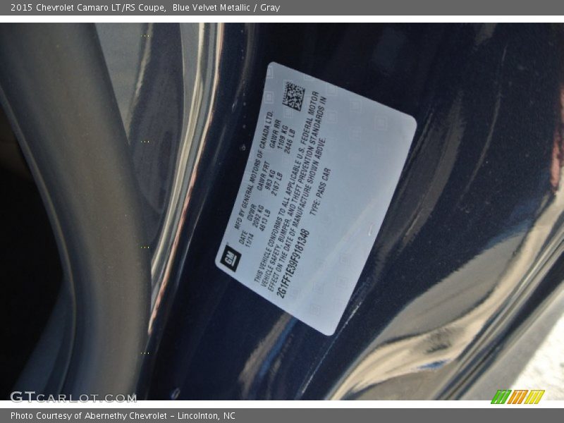 Blue Velvet Metallic / Gray 2015 Chevrolet Camaro LT/RS Coupe